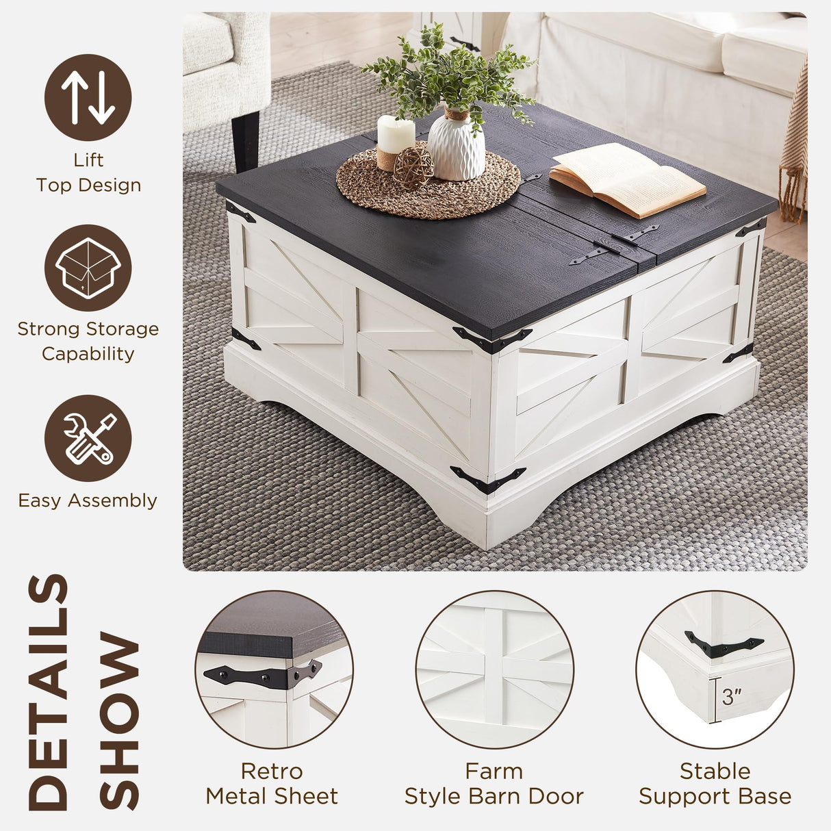 JXQTLINGMU Farmhouse Lift Top Coffee Table with Storage, 36" Wood Square Center Table with Large Hidden Compartment, Rustic Lift Tabletop Dining Table for Home Living Room, White JXQTLINGMU