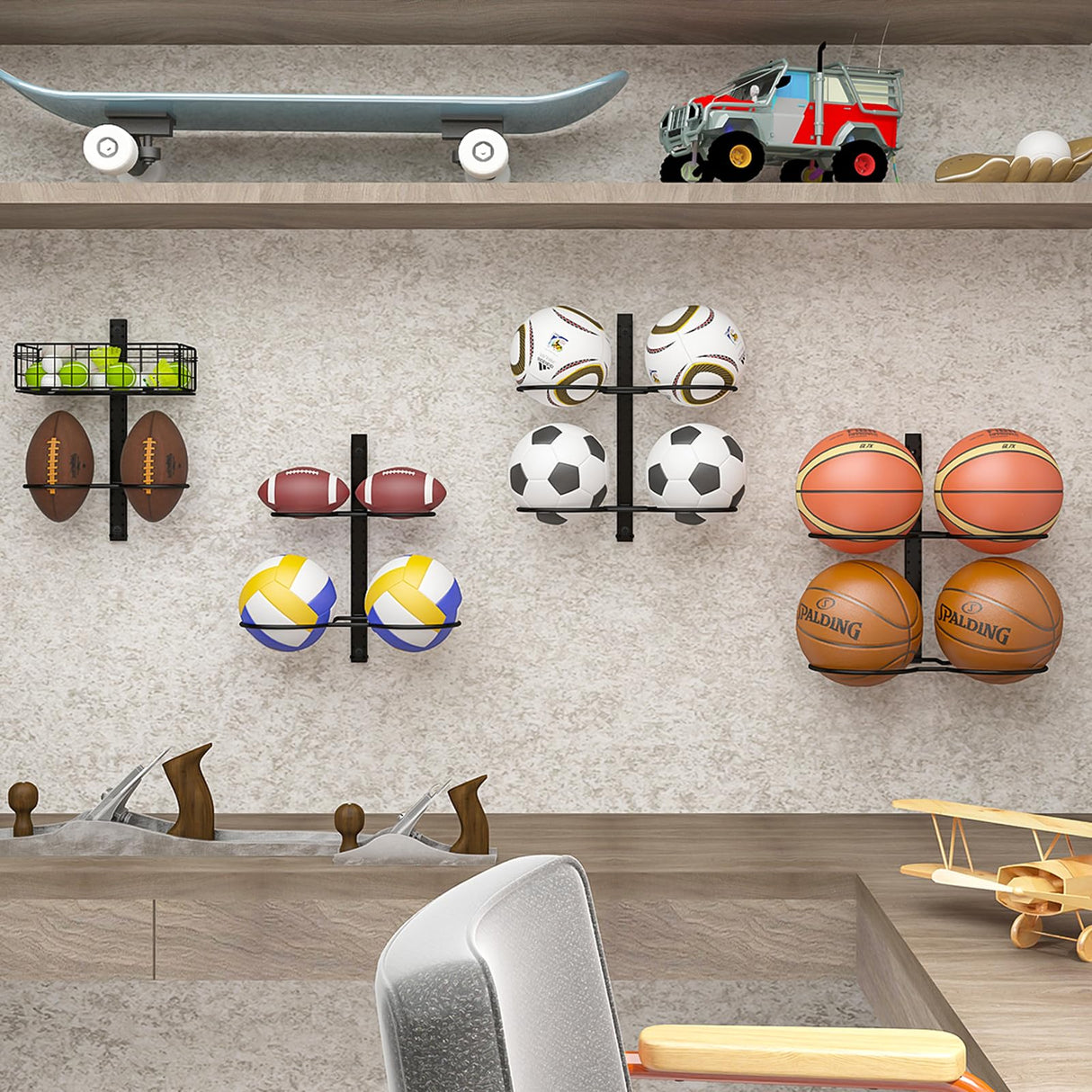 8 Tier Detachable Wall Mounted Basketball Rack,Vertical/Horizontal Football Holder,Holds 14 Balls DIY1/2/3/4 Soccer Stand,Height-Adjustable Ball Rack With Basket For Garage,Tool Room Feyejade