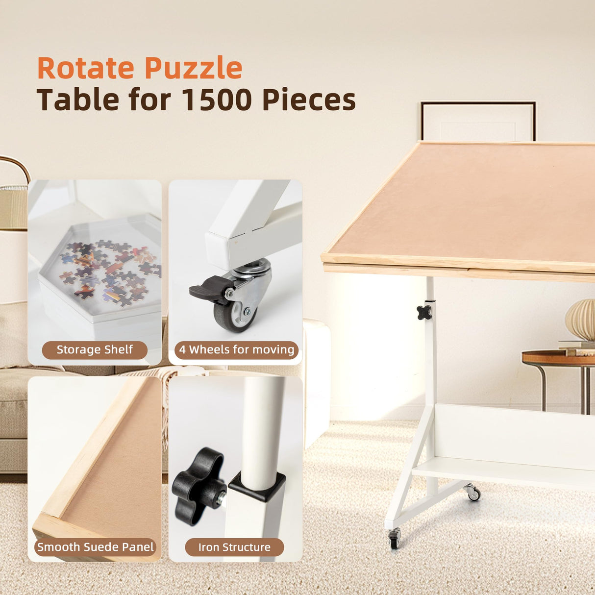 Becko US 2-in-1 Tilting & Rotating Jigsaw Puzzle Table with 4 Colored Drawers & Cover & Flip Top Design, Puzzle Board with Tilt Angle & Height Adjustments, Easy to Move, for 1500 Piece Jigsaw Puzzles Becko US