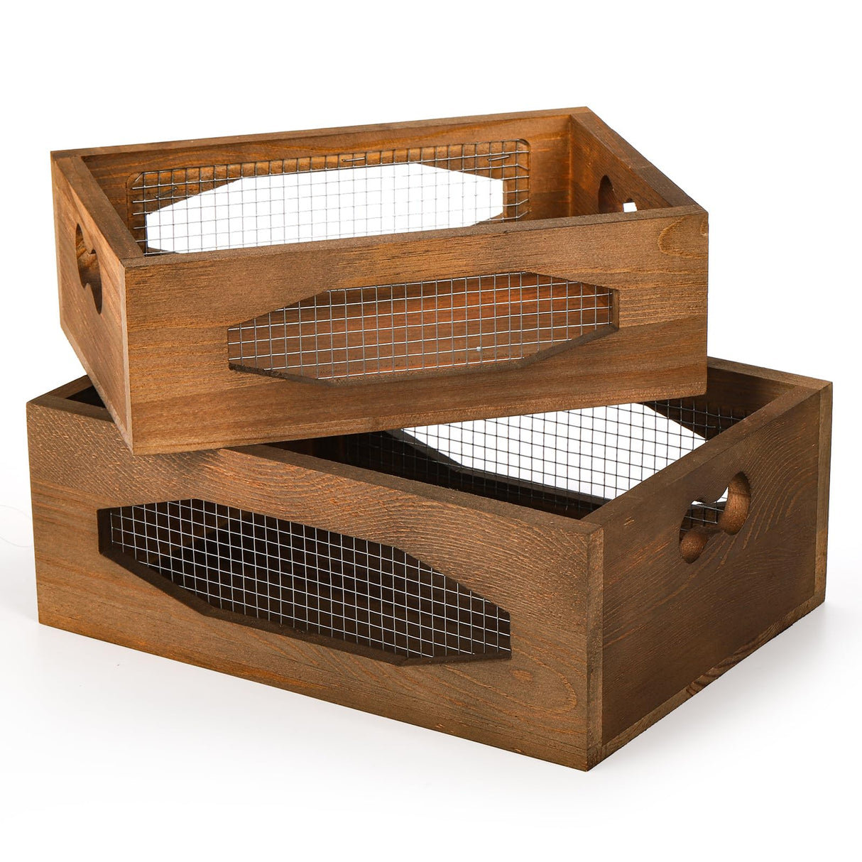 Okllen Set of 2 Wooden Nesting Countertop Baskets, Decorative Wood Storage Box Farmhouse Rustic Crate with Cutout Handles for Bread, Fruit, Vegetables, Kitchen, Bathroom, Pantry Supplies, Brown Okllen