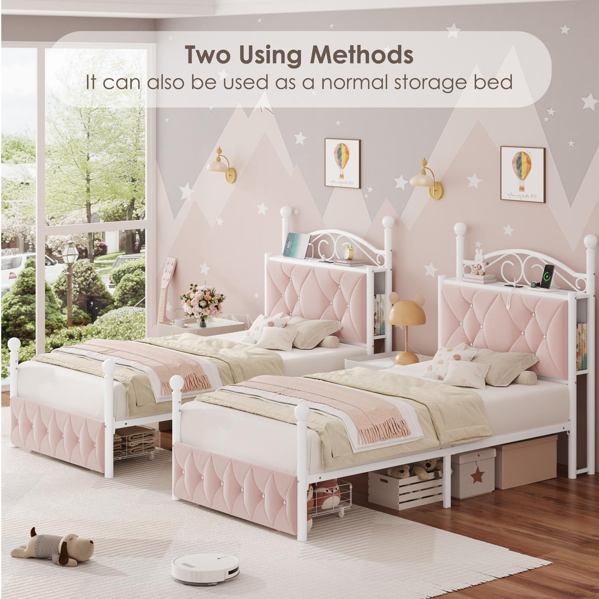 Twin Upholstered Canopy Bed Frame with Drawer & Crystal Tufted Storage Headboard Two-Purpose Metal Platform Bed with 4 Removable Posts & Charging Station Pink Princess Bed, Curtain Not Included Keyluv