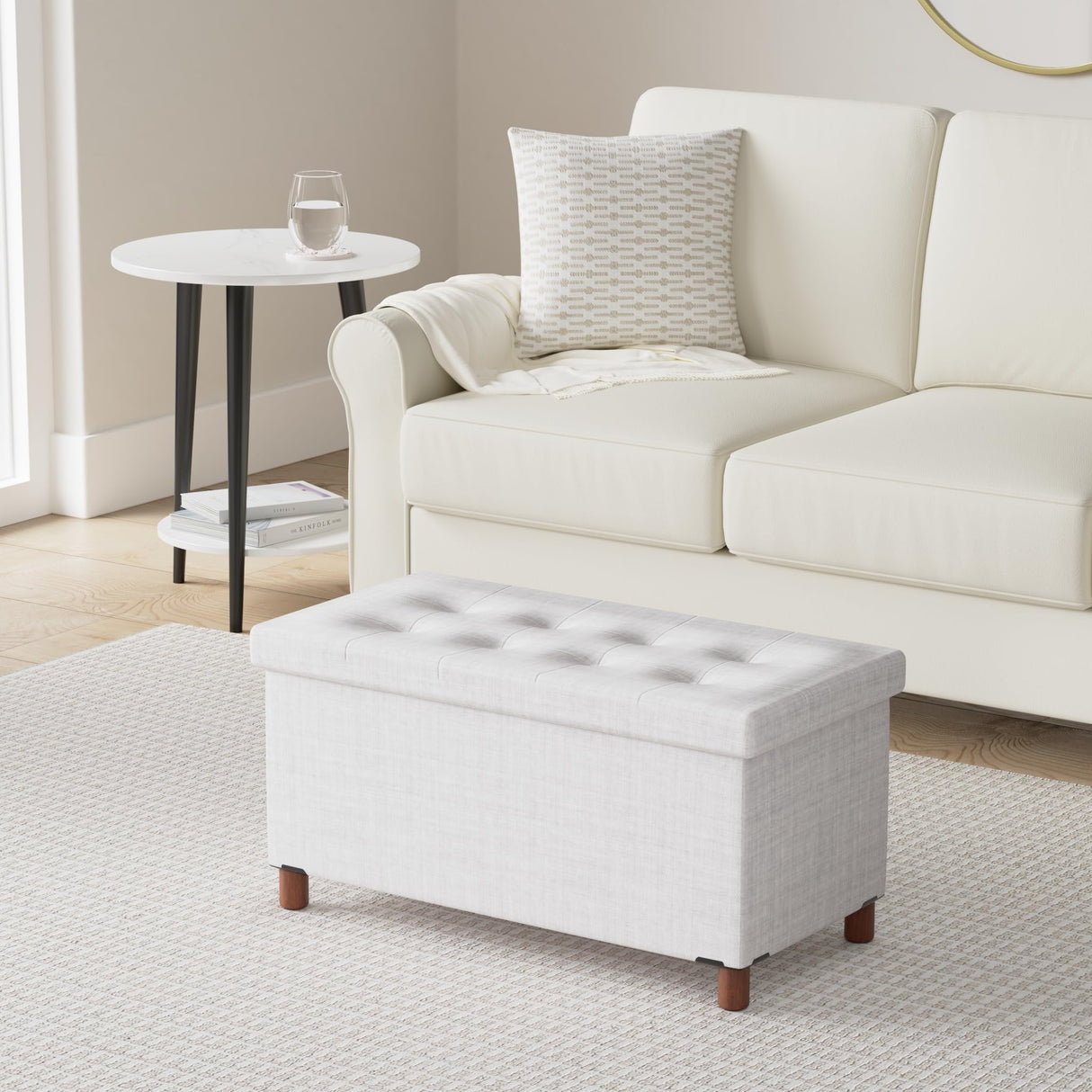 Ao Lei 30 Inches Storage Ottoman Bench with Wooden Legs for Living Room, Folding Foot Rest Removeable Lid for Bedroom End of Bed, Linen Fabric, White Ao Lei