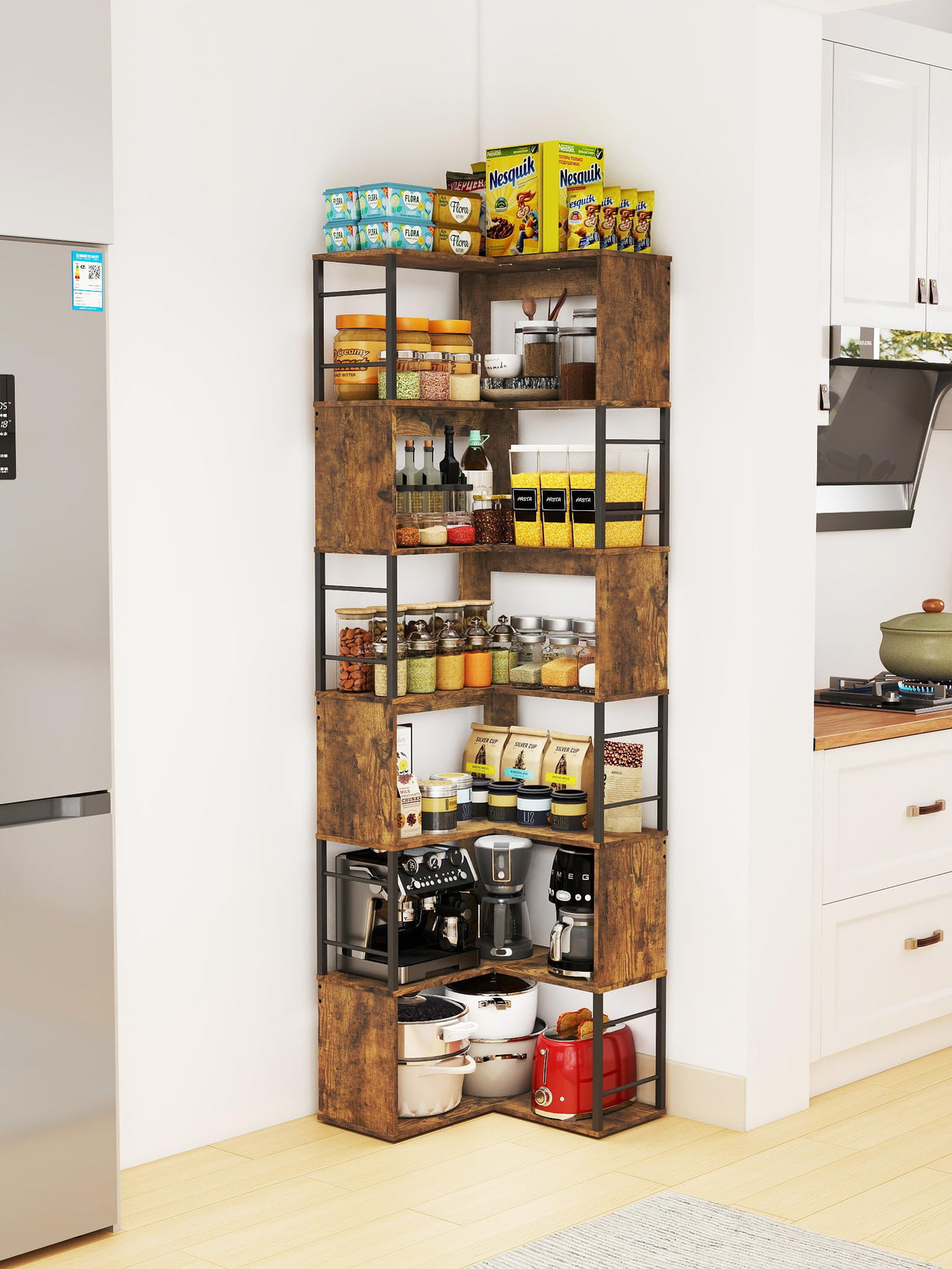 Qriocioa 7-Tier Corner Bookshelf 73.6 Inches Tall Corner Bookcase Industrial Wood and Metal L Shaped Bookshelf Large Storage Display Rack for Living Room, Home Office, Rustic Brown Qriocioa