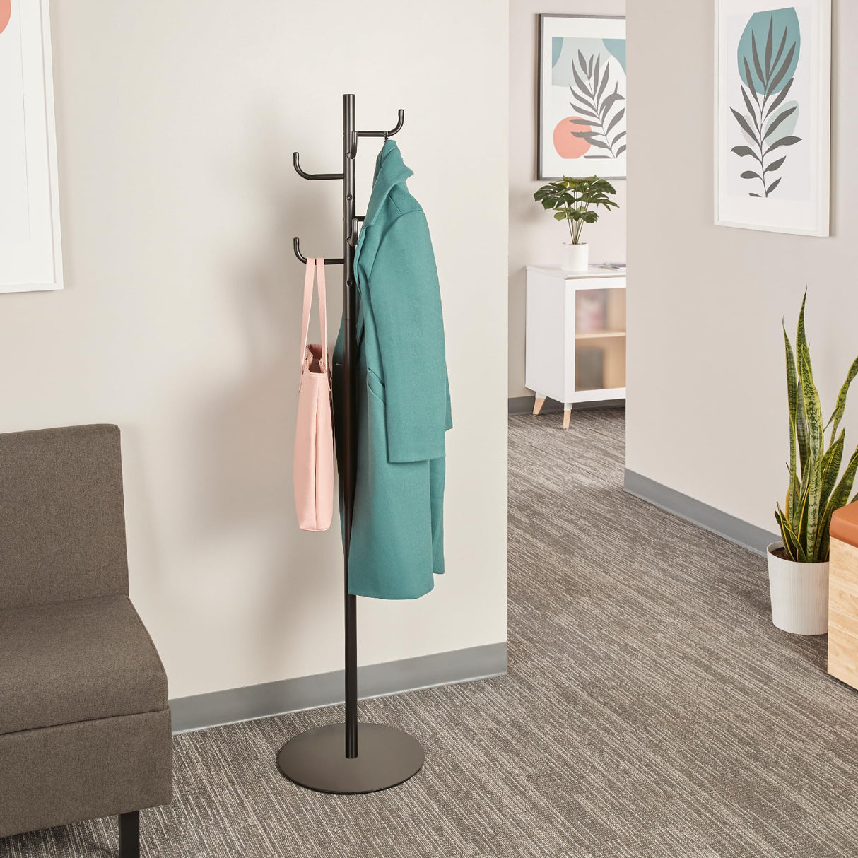 Safco Hook Head Coat Rack, Freestanding Hat and Jacket Hanger with 8 Rounded Edge Hooks, Durable Black Powder Coat Finish Safco