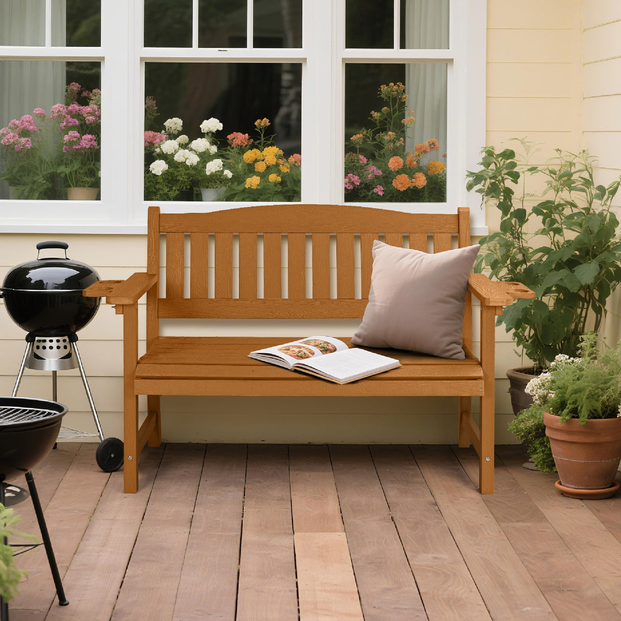 2-Person HIPS Outdoor Benches, Weatherproof Garden Bench with 800 lbs Weight Capacity, Artificial Wood Grains, Never Rot or Fade, Patio Benches for Garden, Porch, Balcony, Backyard,Park, Brown Sunnibety