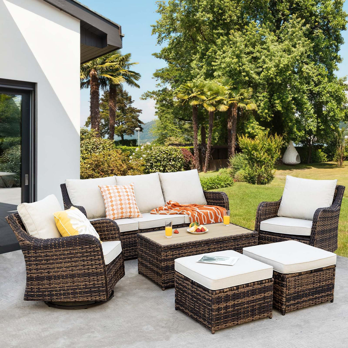 MEISSALIVVE 6 Pieces Outdoor Patio Furniture Set, Wicker Patio Conversation Set, Patio Sectional Furniture Set with 2 Swivel Rocker Patio Chair and Sofa, 2 Ottomans and Coffee Table (Brown) MEISSALIVVE