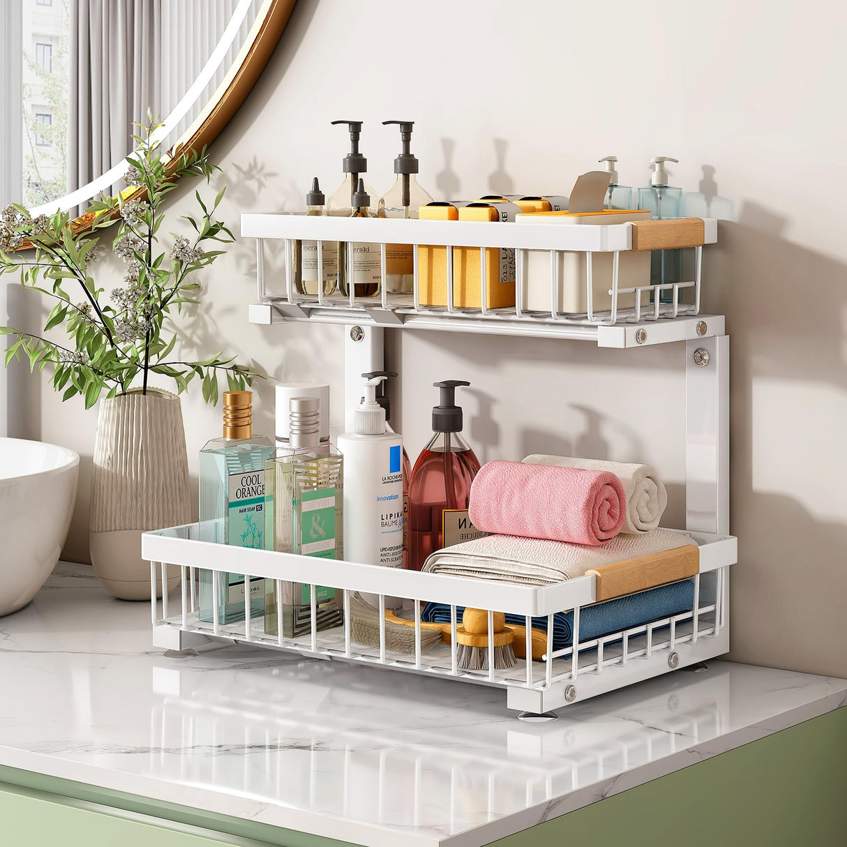 Under Sink Organizer, 2 Packs 2 Tier Under Sink Organizers and Storage, Slide out Pull out Cabinet Organizer Shelf, Metal Sliding Drawer for Kitchen Bathroom Pantry Closet Rack(White) Kitstorack