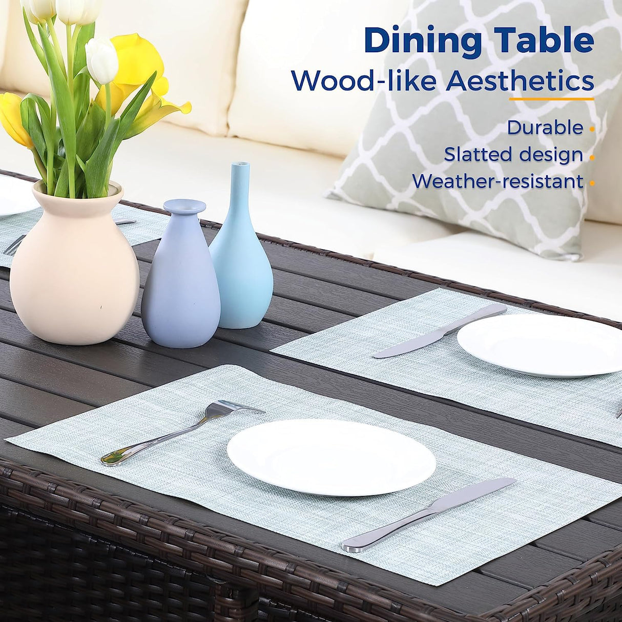 Wisteria Lane Patio Furniture Set, 7 Piece Outdoor Dining Sectional Sofa with Dining Table and Chair, All Weather Wicker Conversation Set with Ottoman, Brown Wisteria Lane