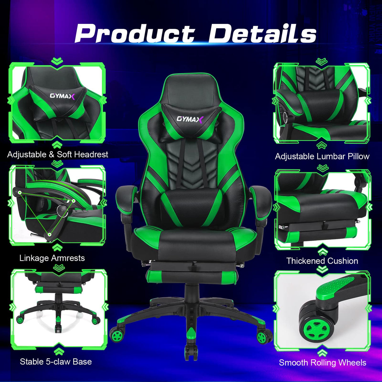 Green Gaming Chair Ergonomic Computer Chair for Adults Teens Reclining Gamer Chair High Back Game Chair Racing Style Desk Chair with Retractable Footrest, Lumbar Support and Headrest TOMANOR