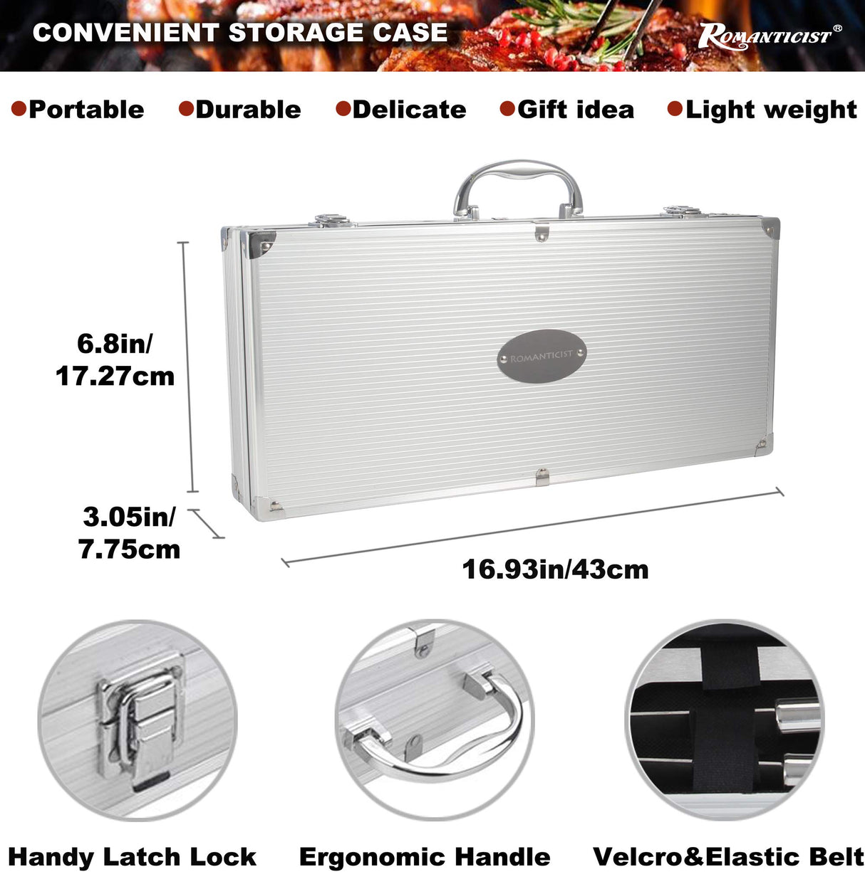 ROMANTICIST 23pc Must-Have BBQ Grill Accessories Set with Thermometer in Case - Stainless Steel Barbecue Tool Set with 2 Grill Mats for Backyard Outdoor Camping - Father's Day Best Barbecue Gift ROMANTICIST