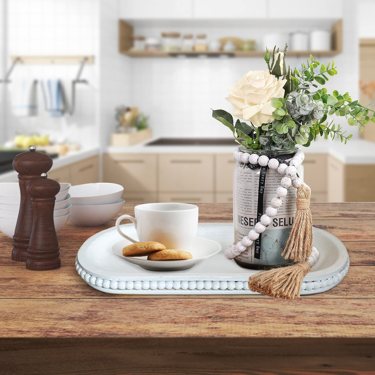 dwellington Wooden Farmhouse Decorative Tray, 12in Rustic Beaded Tray for Living Room Decor, Kitchen Table Décor, Oval Coffee Table Serving Tray (White) dwellington