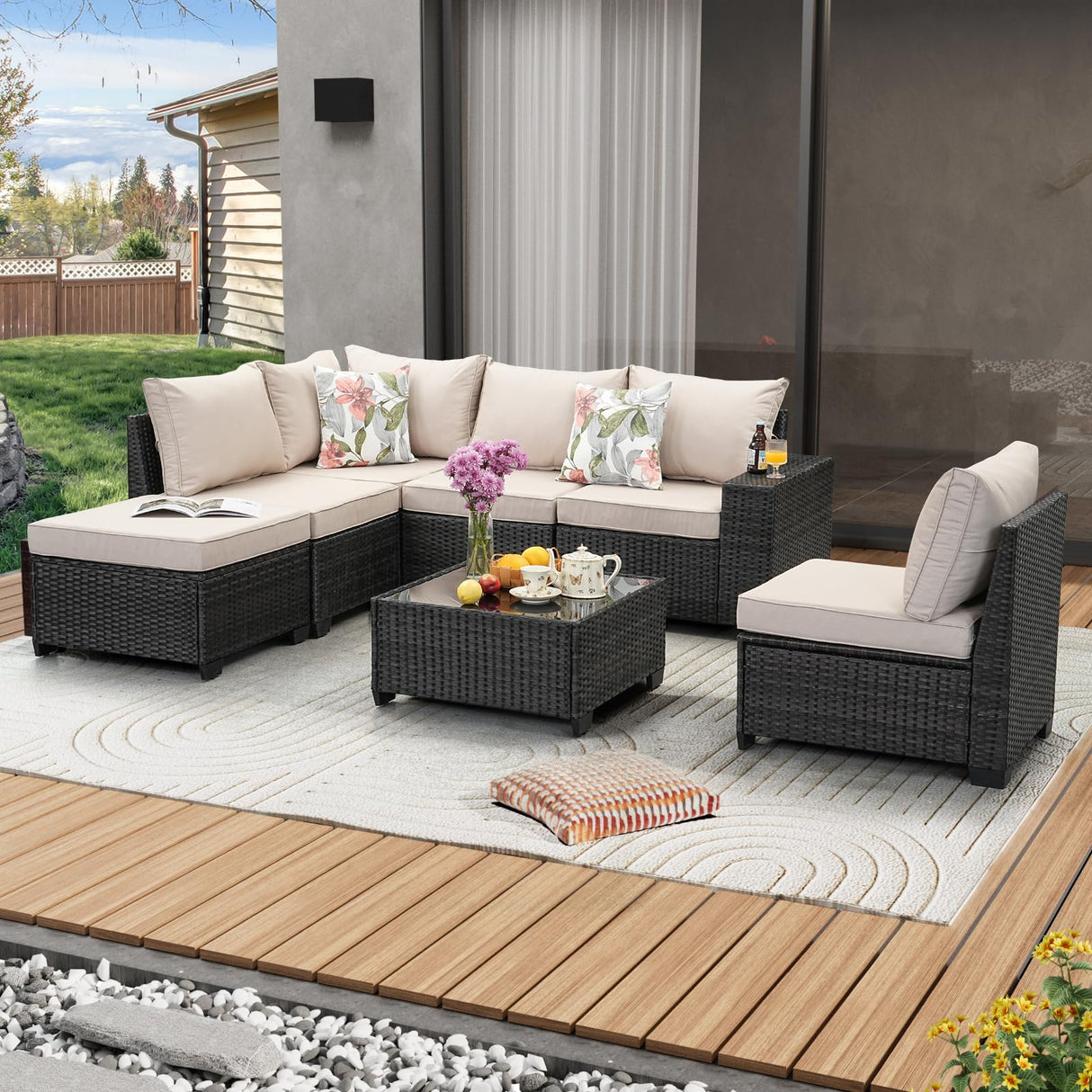 JOYURE 7 Pieces Patio Furniture Set All-Weather Outdoor Wicker Sectional Conversation Sofa Rattan Patio Seating Sofa with Cushion and Glass Table and Ottoman for Porch Poolside,Beige JOYURE