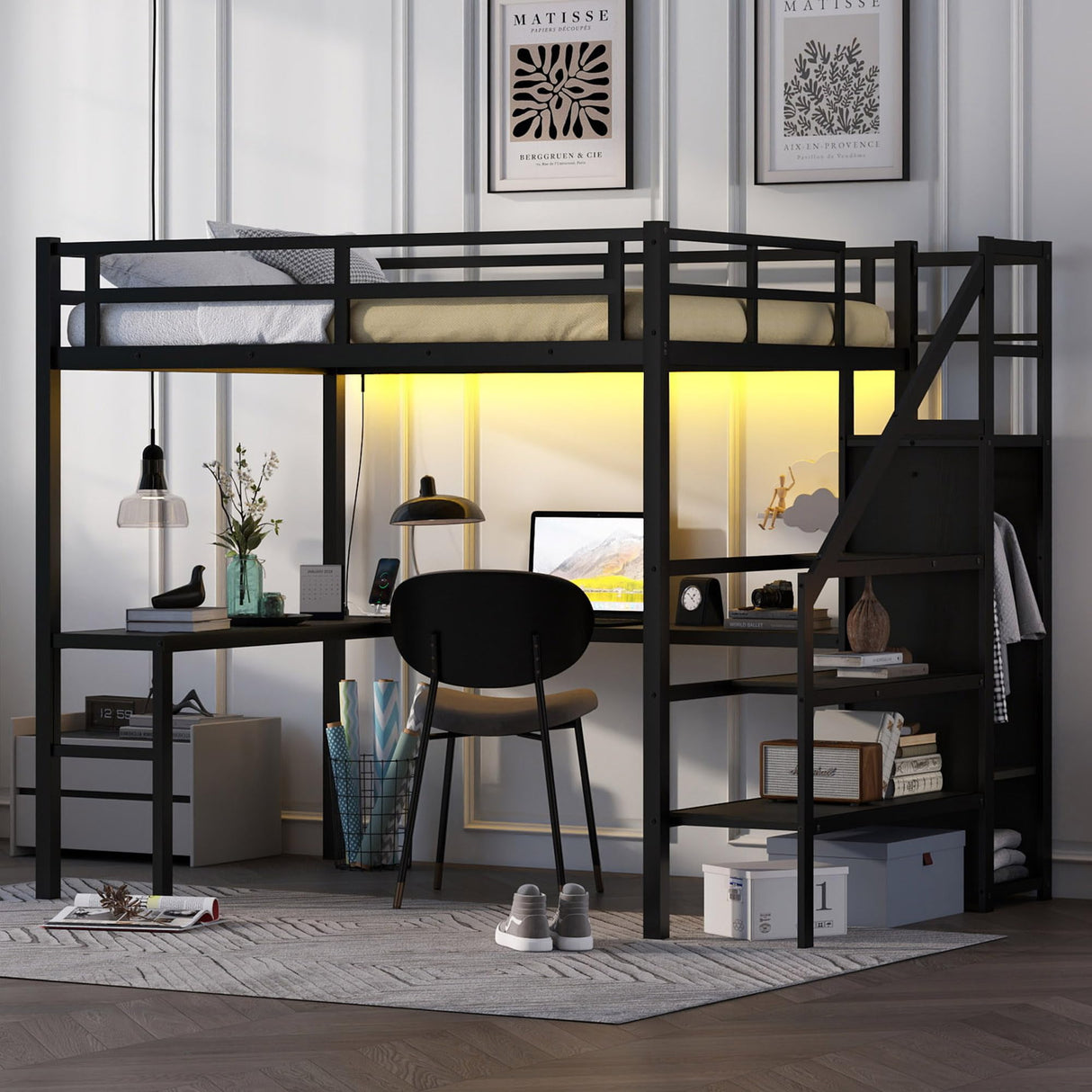 Full XL Size Metal Loft Bed with Desk and Wardrobe,Heavy Duty Loft Bed Frame with Storage Stairs,LED Loft Bed Full XL with Charging Station, Space Saving Loft Bed Full XL for Kids,Teens,Adults,Black Bellemave