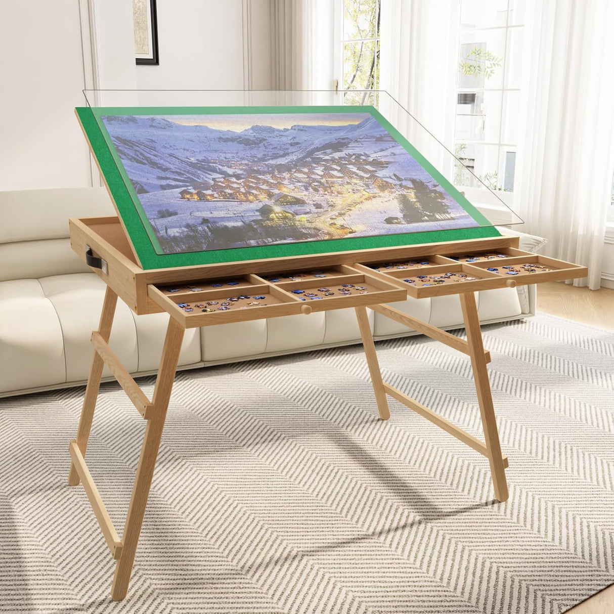 UPVERCY 3-in-1 Folding & Tilting & High 1500 Pieces Puzzle Table with Drawers, 27.7" H Tall Puzzle Board with Protective Cover for Adults- 34.1" x 26" Wooden Puzzle Table with Legs upvercy