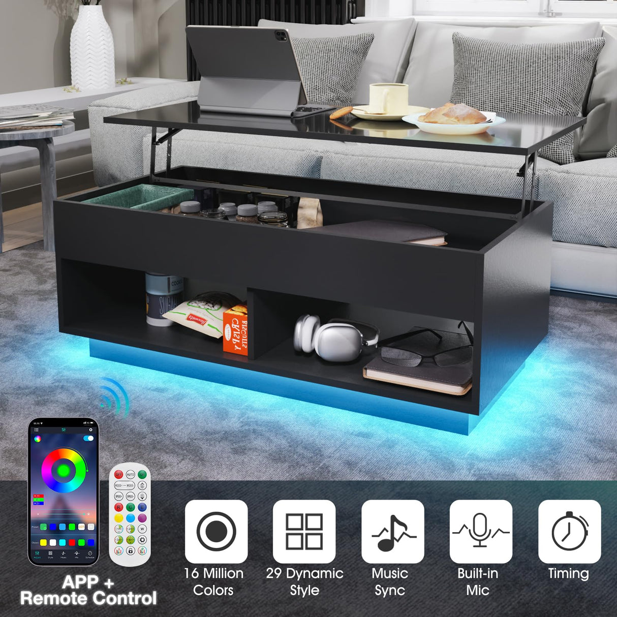 LED Coffee Table for Living Room Lift Top Coffee Tables with Storage Morden High Gloss 4 Tiers Black Tea Table Center Tables Sofa Hidden Compartment & 2 Open Shelve HOMMPA