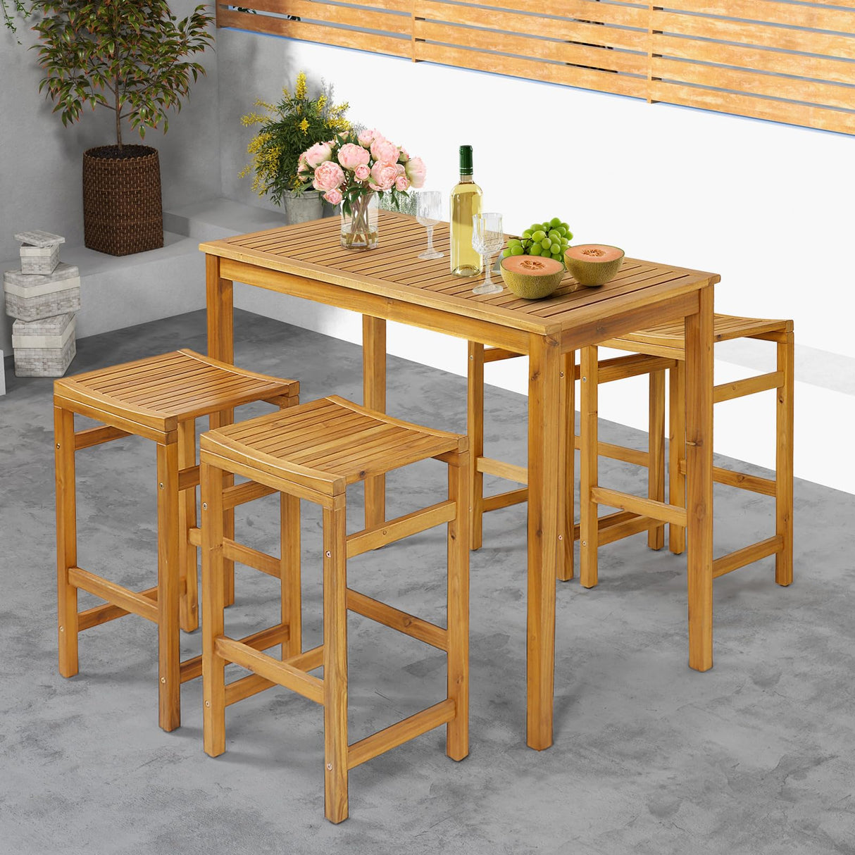 HAPPYGRILL Acacia Wood 5-Piece Outdoor Bar Set with Table and Saddle Stools HAPPYGRILL