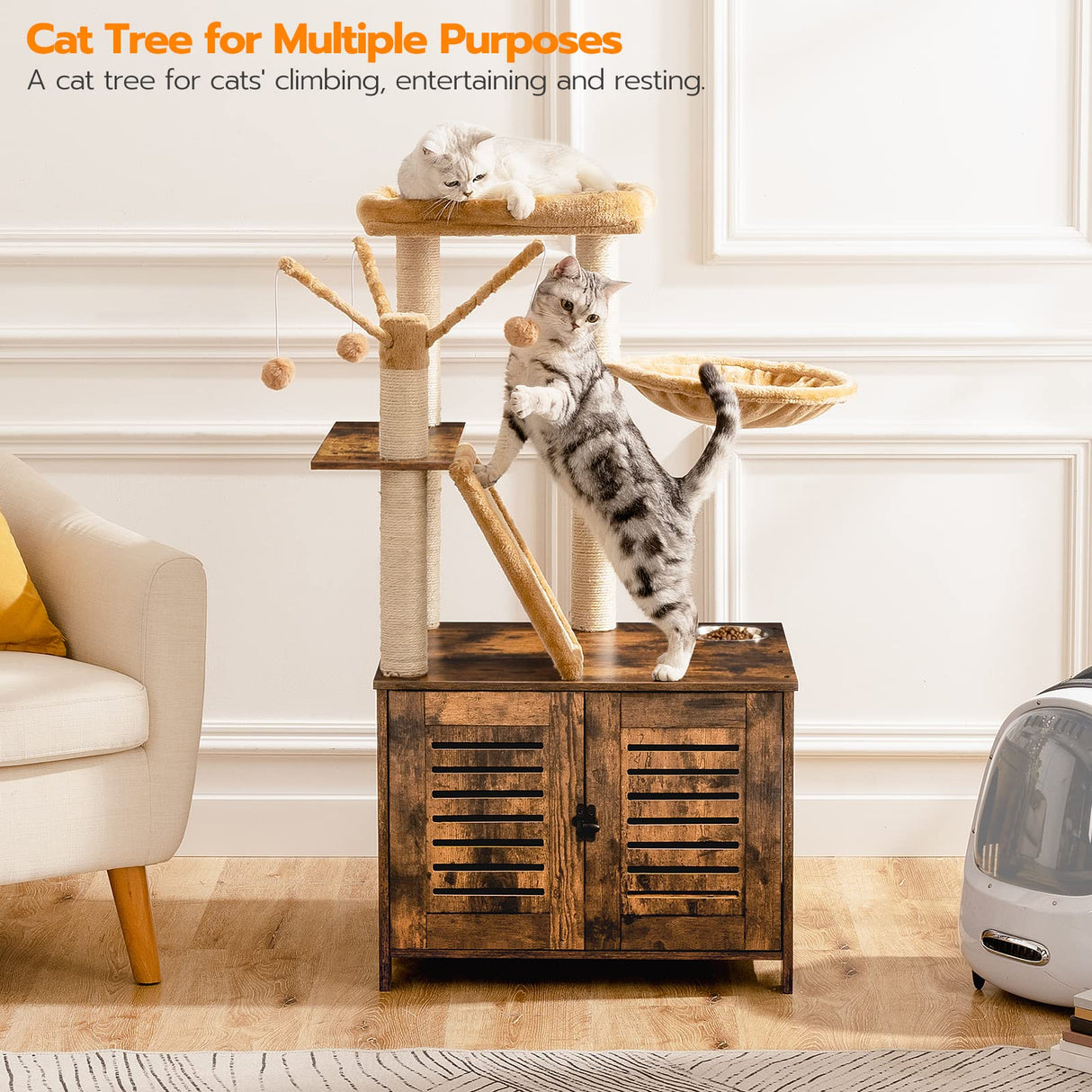 HOOBRO Cat Tree with Litter Box Enclosure, 44" Tall Wooden Cat Tower with Scratching Posts, Cat Hammock, Hidden Litter Box Furniture, All-in-One Indoor Cat Condo, Rustic Brown FG48MZ03 HOOBRO