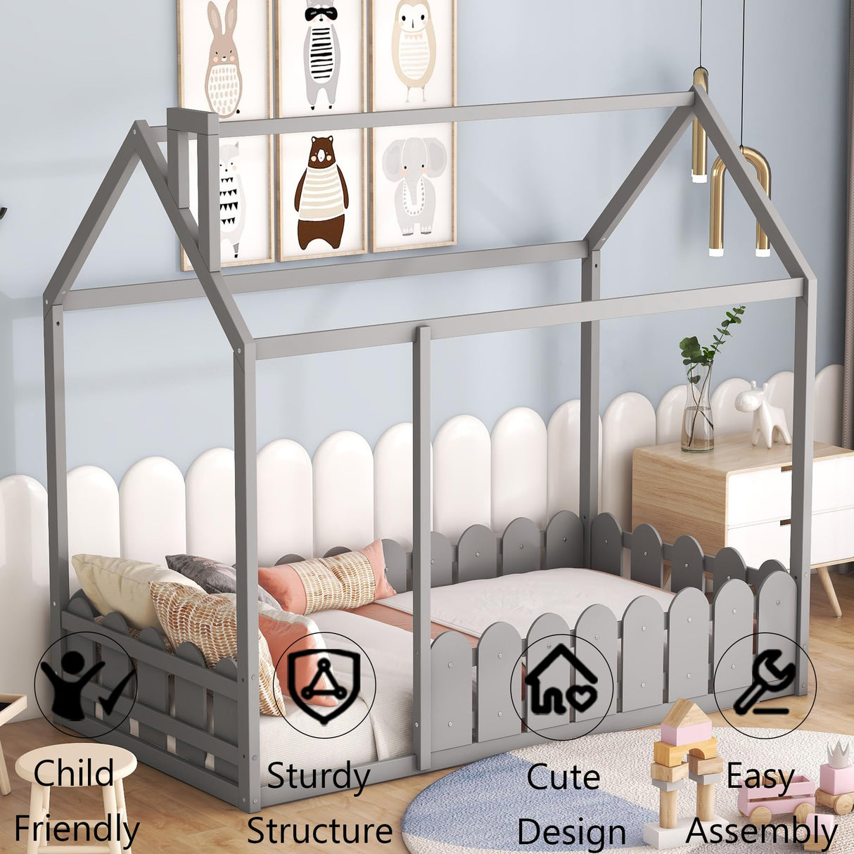 Harper & Bright Designs Grey Twin House Bed Frame with Fence Rails for Kids Harper & Bright Designs