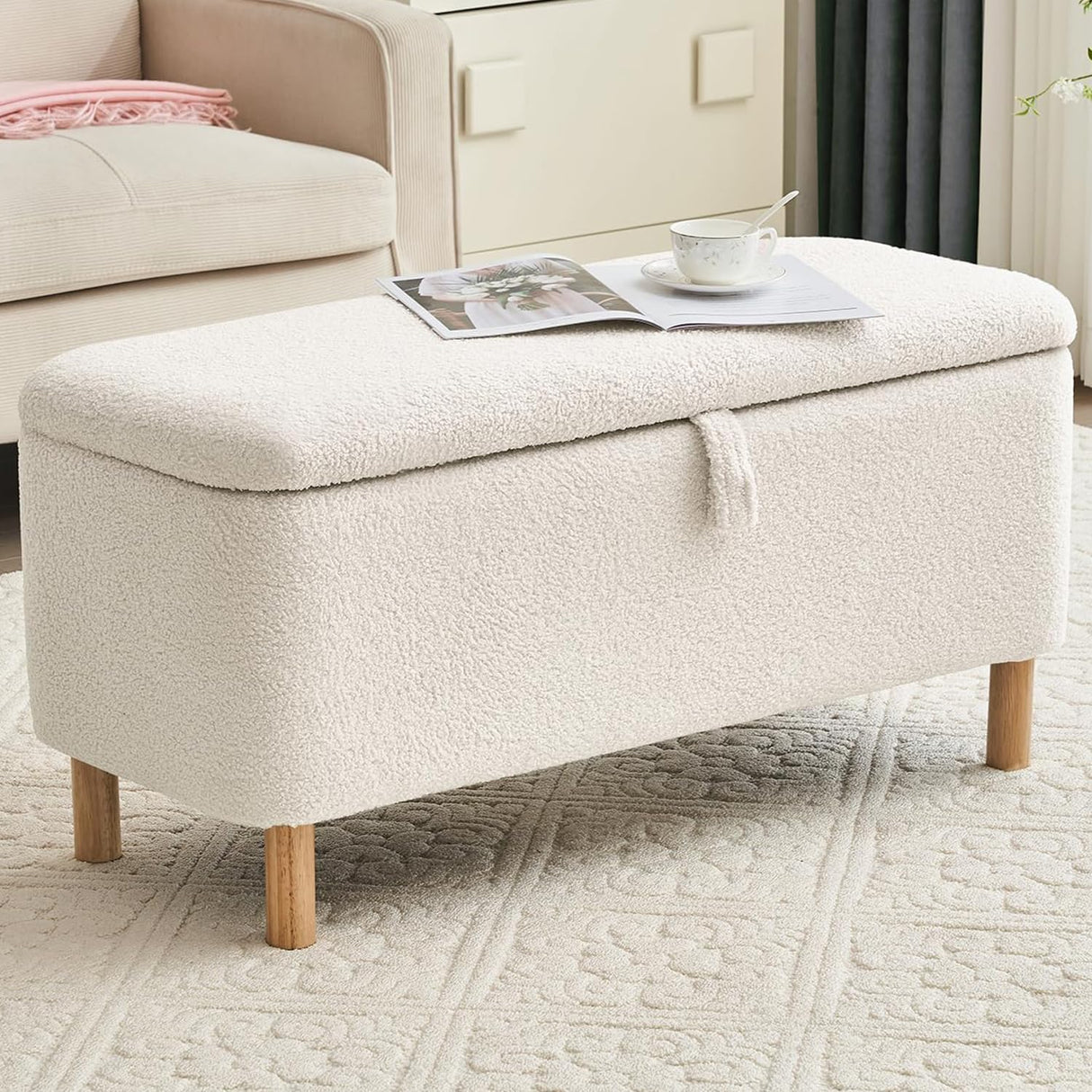Boucle Storage Ottoman Bench for Bedroom end of Bed, Sherpa Upholstered Shoe Seat Storage Beach for Entryway Bed Foot, Rectangle Cushion Padded Blanket Chest Cute for Living Room, Off White Comfort Stretch