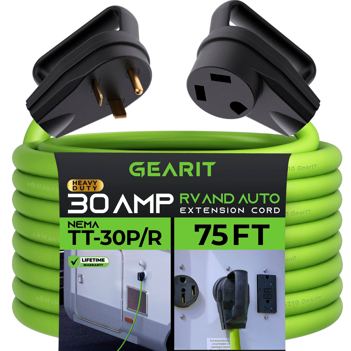 GEARit 30-Amp Extension Cord for RV and Auto, 125-Volt, 3-Prong, 10/3 STW 10AWG Gauge 3 Wire, NEMA TT-30P to TT-30R, Outdoor, Waterproof, Outdoor Camper Power Cord, 75 feet (22.9 Meters), Green GearIT