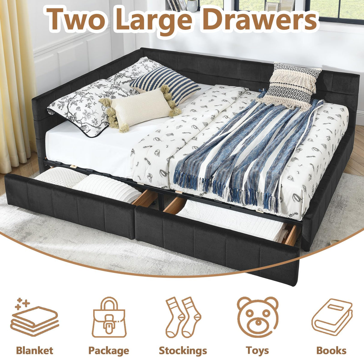 MWrouqfur Velvet Corner Bed Frame Full, Upholstered Corner Daybed with Drawers, Full Size Day Bed Frame with Storage, Classic Tufted Design, Reversible Left Or Right (Black, Queen) MWrouqfur