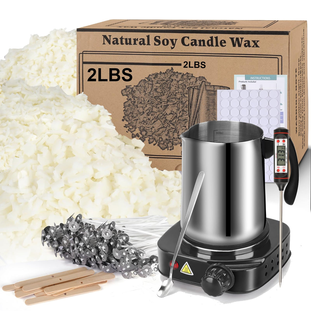 Soy Wax Candle Making Kit Supplies With Wax Melter, Natural Candle Wax For Candle Making, DIY Art&Crafts Kit for Adults,Beginner, Including 2lbs Soy Wax Flakes, Electric Stove,Candle Wick,Melting Pot Haccah