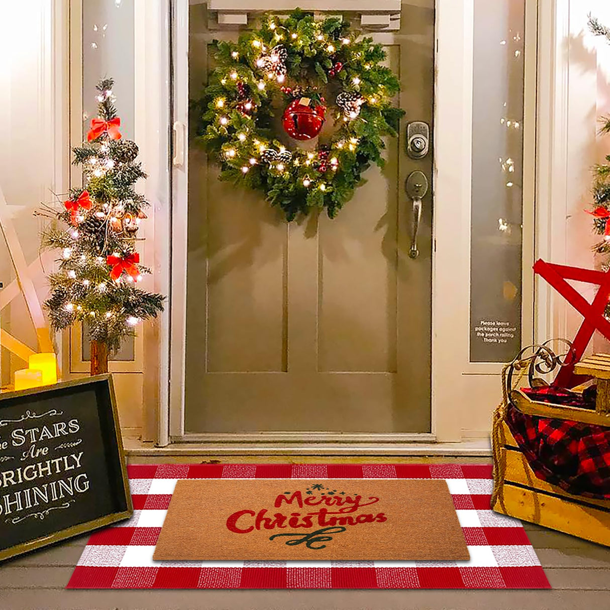 Christmas Red and White Plaid Rug, 28 x 43 Inches Cotton Hand-Woven Layered Door Mat for Front Porch, Entryway, Outdoor Holiday Decor, Washable Buffalo Check Rug for Home, Patio, Kitchen Homydecor