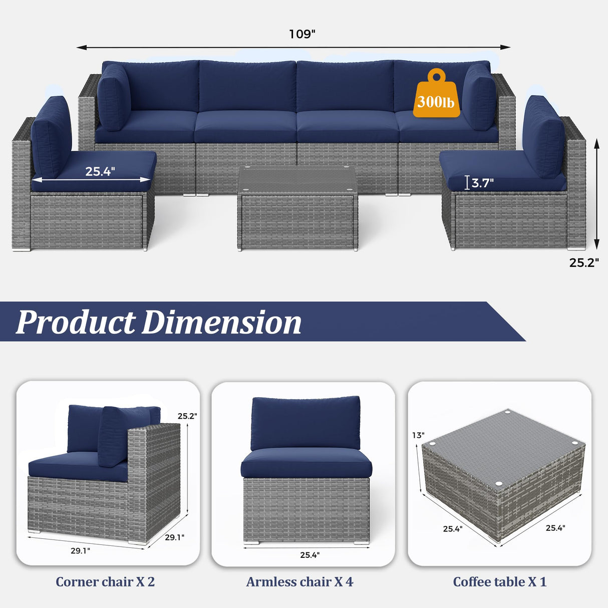 SUNVIVI OUTDOOR 7 Piece Patio Furniture Sets All Weather Grey PE Wicker Couch Sofa with Glass Table, Removable Navy Blue Cushions SUNVIVI OUTDOOR