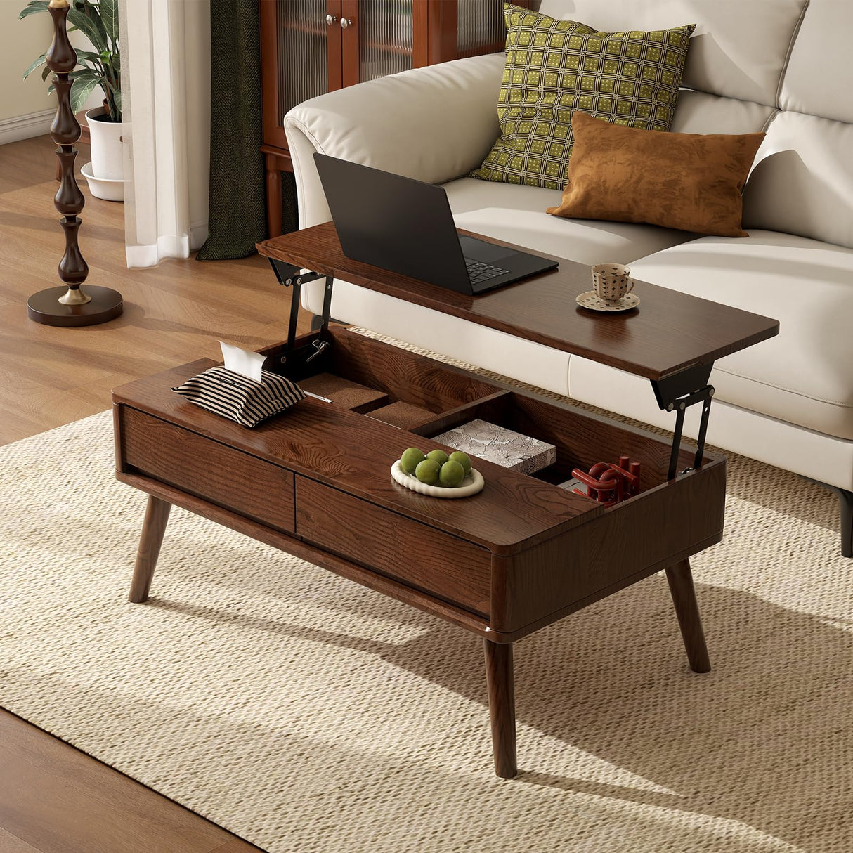 Lift Top Coffee Table, 100% Solid Oak Wood Walnut Coffee Table with Drawers and Hidden Compartments, Rectangular Coffee Tables with Storage for Living Room Home Decor (39.37" L x 21.65" W x 25.59" H) Wayshome