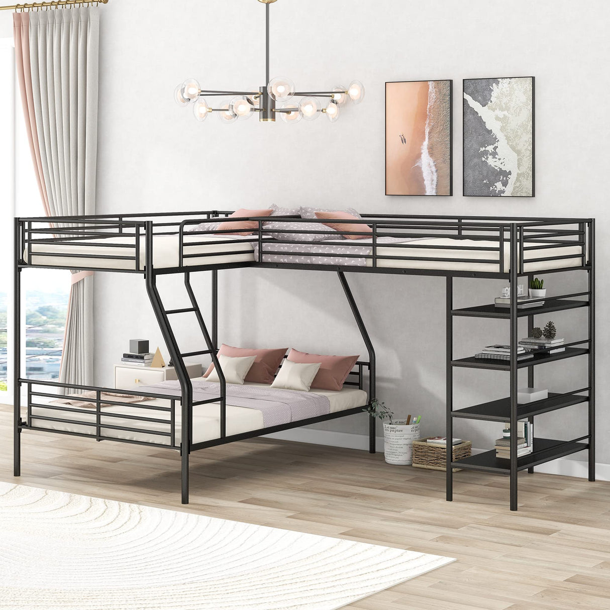 Triple Bunk Beds, L-Shape Twin Over Full Bunk Bed Attached a Loft Bed with Desk, Triple Bunk Beds with Slide, Metal Corner Bunk Bed Frame for Three Kids Boys Girls Teens, Antique Black Bellemave