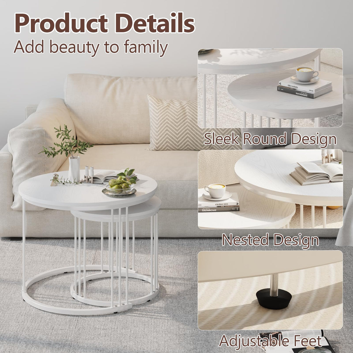 Garden 4 you Nesting Coffee Table, 23.6" Round Coffee Table Set of 2, Wooden Nesting Table with Metal Frame, Ceter Tables for Living Room Bedroom Balcony, White Garden 4 you