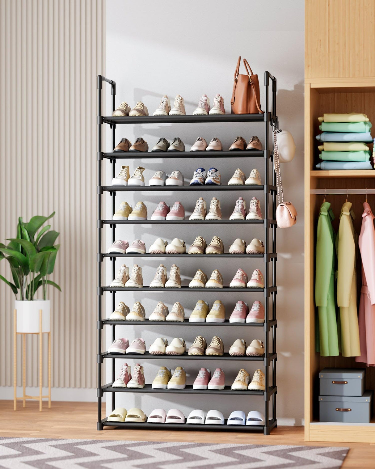 Kitsure Shoe Rack for Closet - 10-Tier Shoe Organizer with Hook Rack, Large-Capacity & Space-Saving Shoe Shelf for Entryway, Bedroom, Living Room,32.2" x 11.8" x 68.5", Black Kitsure