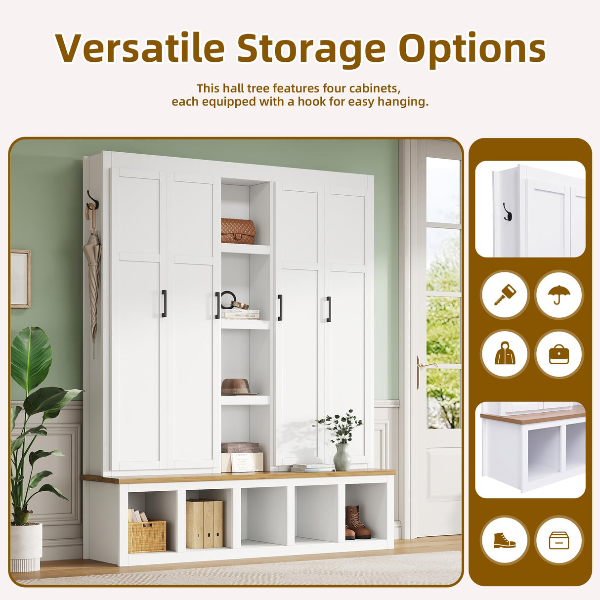 LUMISOL 4-in-1 Farmhouse Hall Tree with Wood Grain Bench and 8 Open Compartments, 62.9" Wide Entryway Bench with Storage Unit and 6 Hooks, Rustic Coat Rack for Hallway Living Room, White LUMISOL