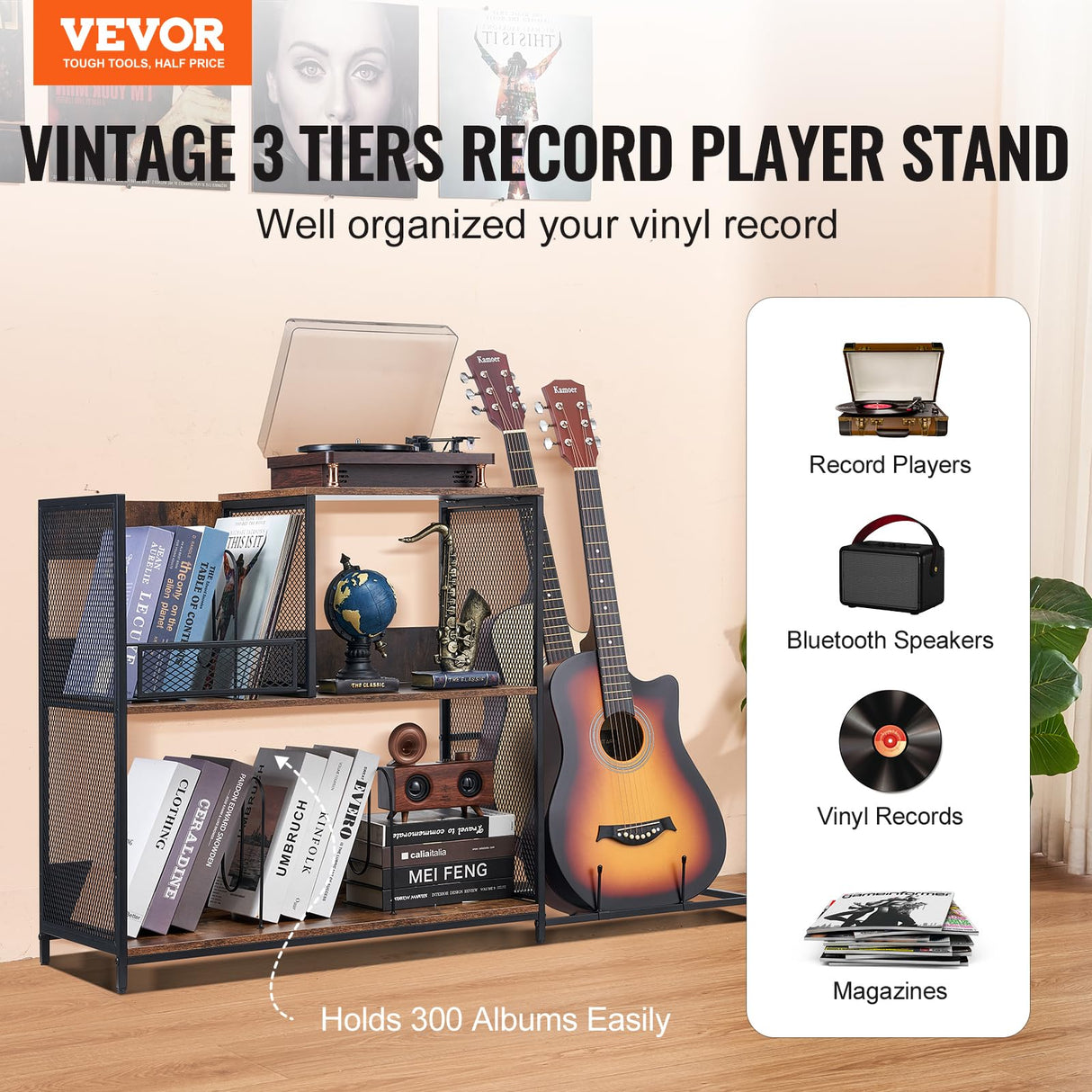 VEVOR 3-Tier Record Player Stand with Guitar Holder, Turntable Stand with Storage Holds Up to 300 Albums, Vinyl Record Cabinet with Metal Mesh Frame for Living Room, Bedroom, Black VEVOR