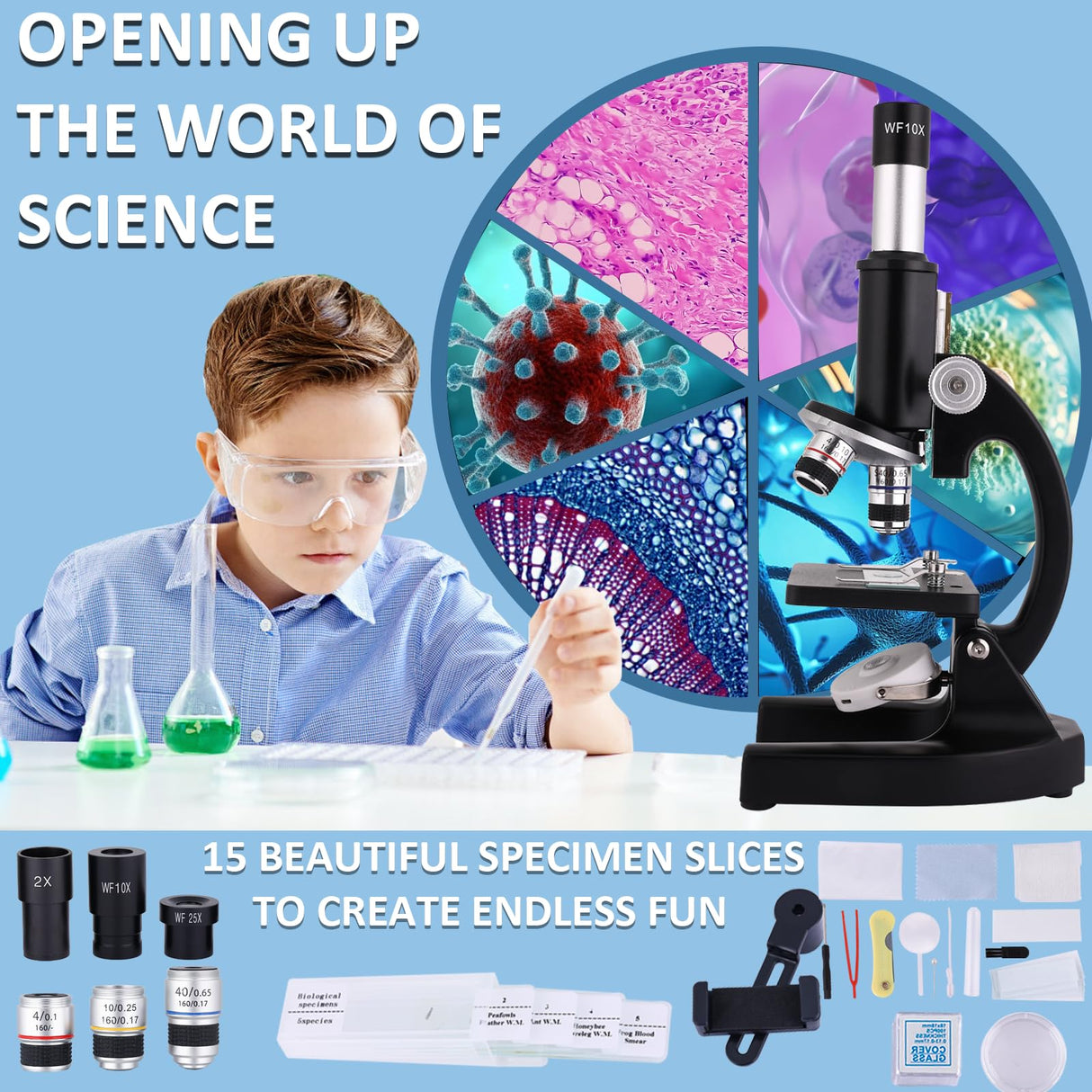 OOZSTAR Microscope for Kids 40X-2000X, Microscope for Children 8-12 Years Old with LED Fill Light, Slides and specimens Ideal for School Labs Homeschooling OOZSTAR