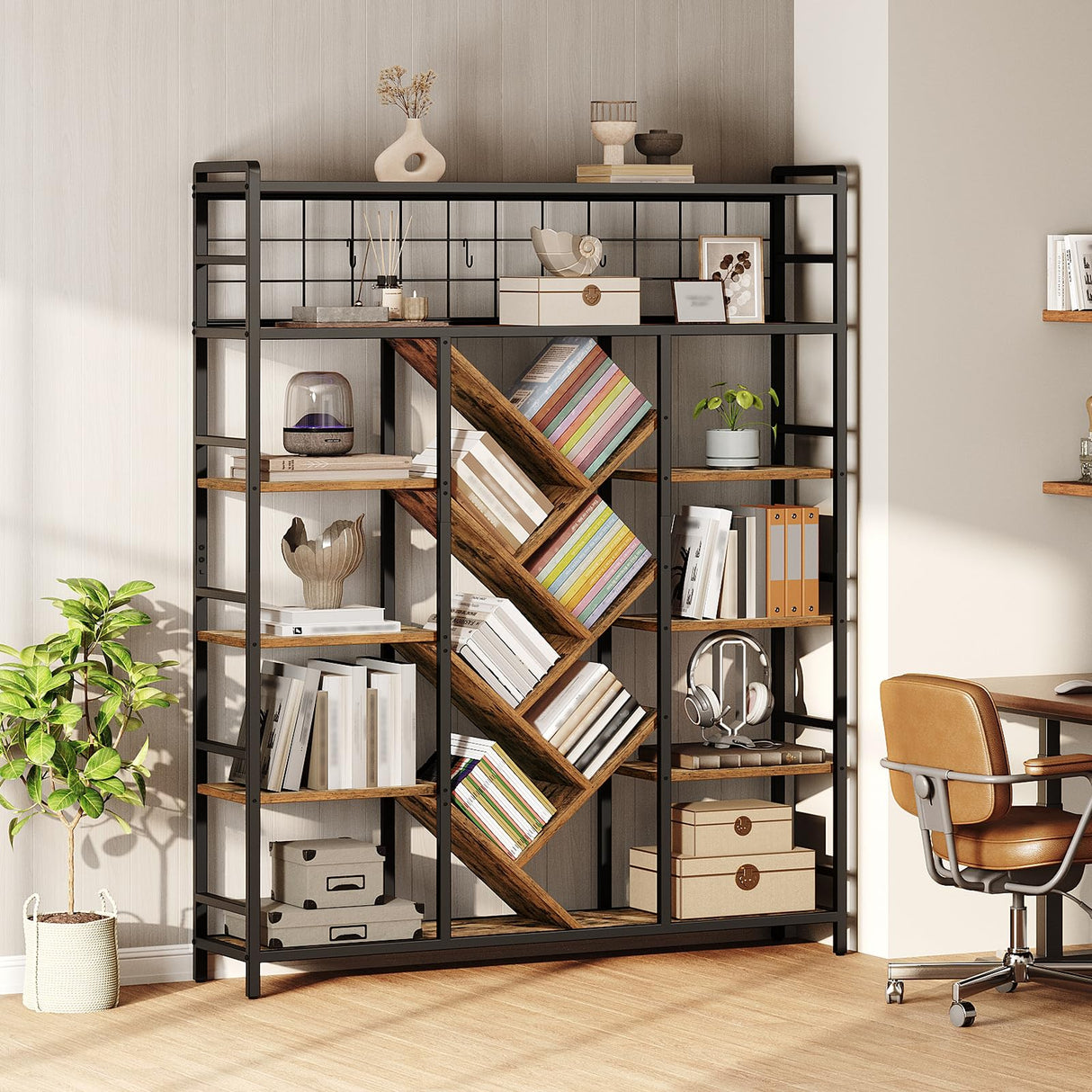 RALGEND Triple 6-Tier Bookshelf, Industrial Large Bookcase with 18 Open Display Shelves, Modern Tree Bookcase with Metal Frame and Hanging Function for Living Room, Home Office, Rustic Brown and Black