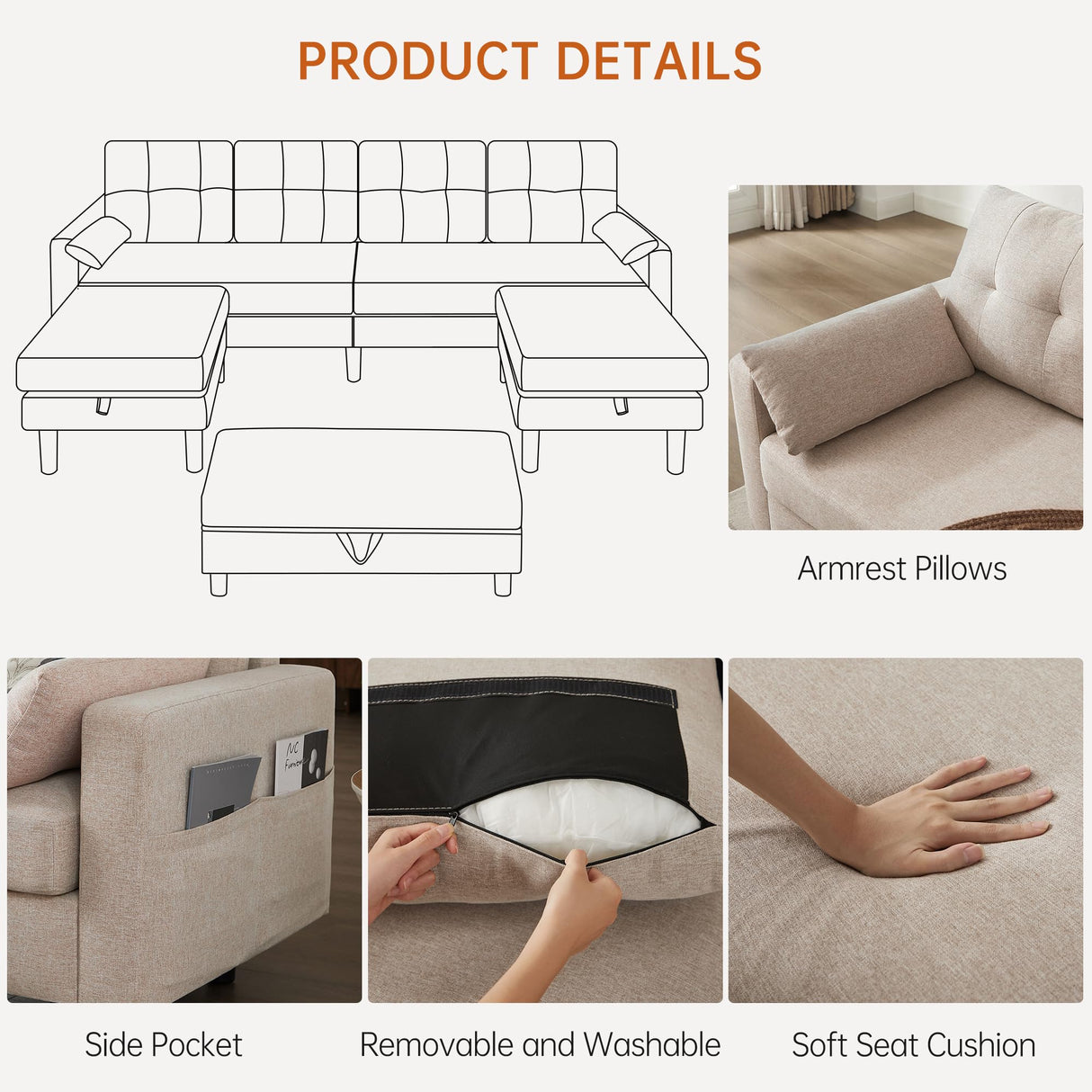 Convertible Sectional Sleeper Sofa with Storages, 100" U Shaped 4 Seater Couch with 2 Movable Ottomans and 1 Ottoman Bench Polyester Fibre for Living Room, Beige Soscana