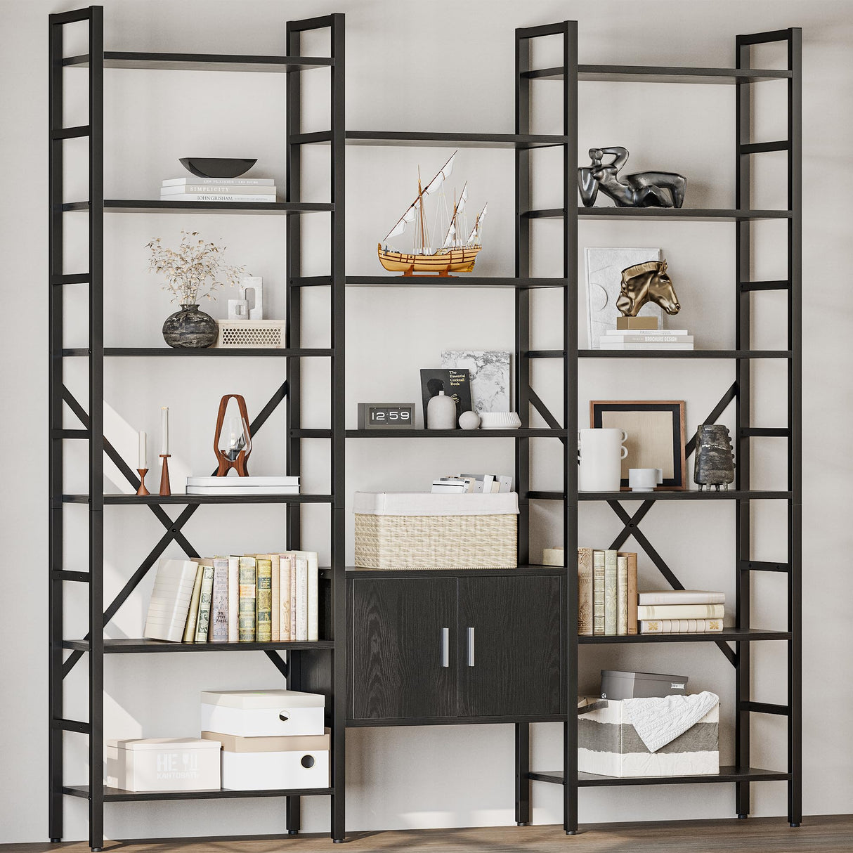 astimey 70x78 “ Triple 6 Tier Book Shelf, Industrial Large Bookcase with Storage Cabinet, Tall Bookshelf with 16 Open Display Shelves Metal Frame Furniture for Living Room Bedroom Home Office Black astimey