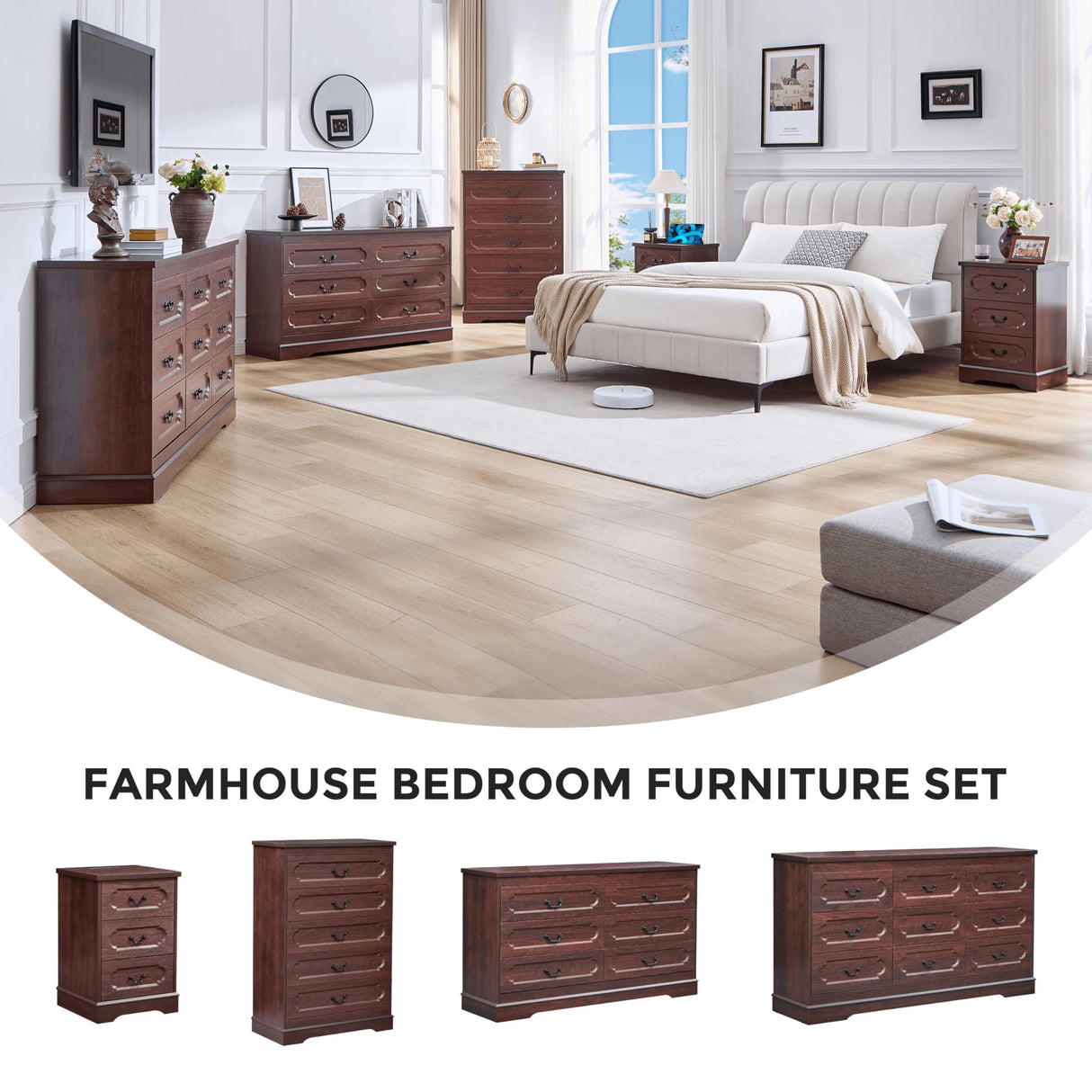 LIDYUK 5 Drawer Dresser for Bedroom Farmhouse Cherry Wood Chest of Drawers for Bedroom Dresser, Rustic 46" Tall Wide Drawers Dressers Wooden Closet Storage Cabinet, Hallway, Living Room LIDYUK