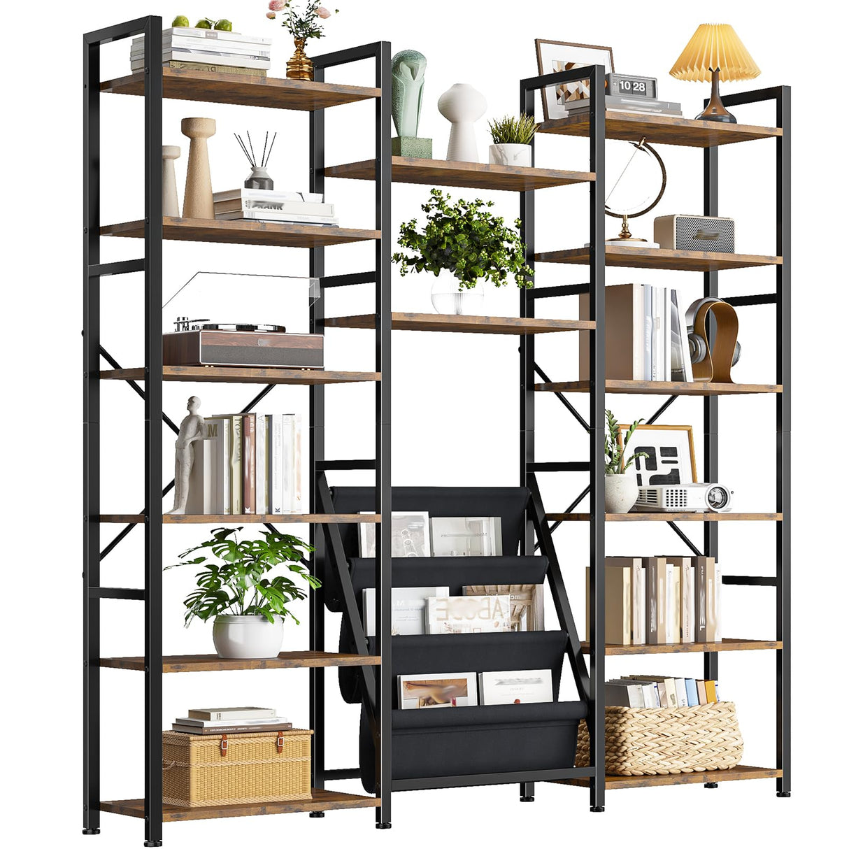 DurayLoly Bookshelves and Bookcases 6 Tiers,Triple Wide Industrial Bookshelf, Large Etagere Bookshelf for Living Room, Home Office Rustic Brown DurayLoly