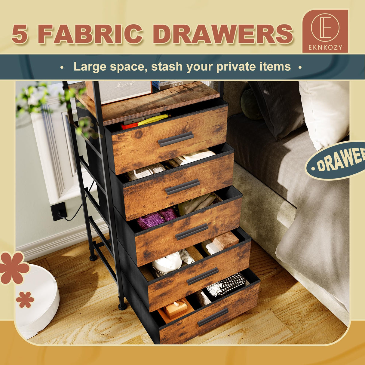 EKNKOZY Nightstand 5 Drawer Dresser with LED Lights and Charging Station, Vertical Side Table with Fabric Drawers, End Table with Open Shelf, Tall Dresser for Bedroom, Hallway, Entryway, Rustic Brown EKNKOZY