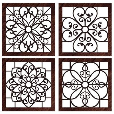Yulejo 4 Pieces Thicken Rustic Wall Decor Farmhouse Wall Art Decor Wooden Hollow Carved Design Rustic Wall Art for Living Room Bedroom Hallway Decor Office Kitchen Wall Decoration (Brown, Black)