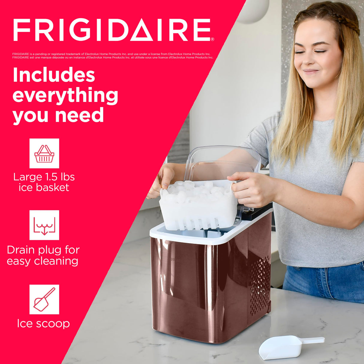 FRIGIDAIRE - Stainless Steel Countertop Ice Maker Machine with 26 lb Capacity | Ice Machine Makes 9 Cubes Every 7-15 Minutes | Portable Ice Maker for Countertop with Ice Shovel & Drain Plug Frigidaire