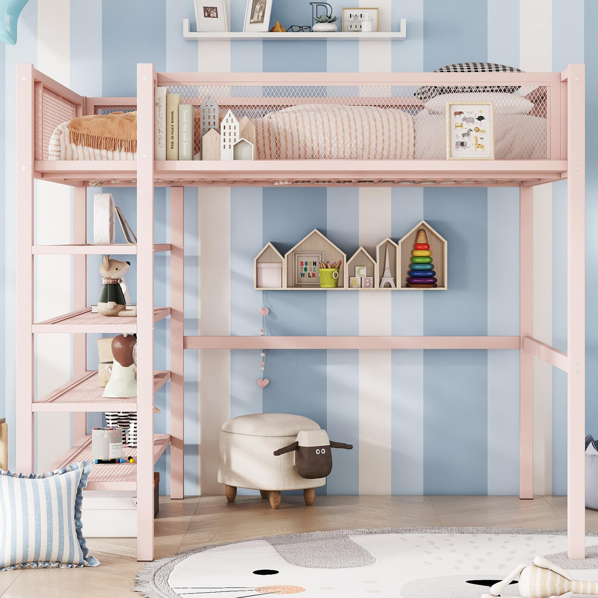 Bellemave Full Size Loft Bed with 4-Tier Shelves and Storage, Metal Loft Bed with Bookshelf, Full Size Loft Bed with Storage Stairs(with Bookshelf, Pink) Bellemave