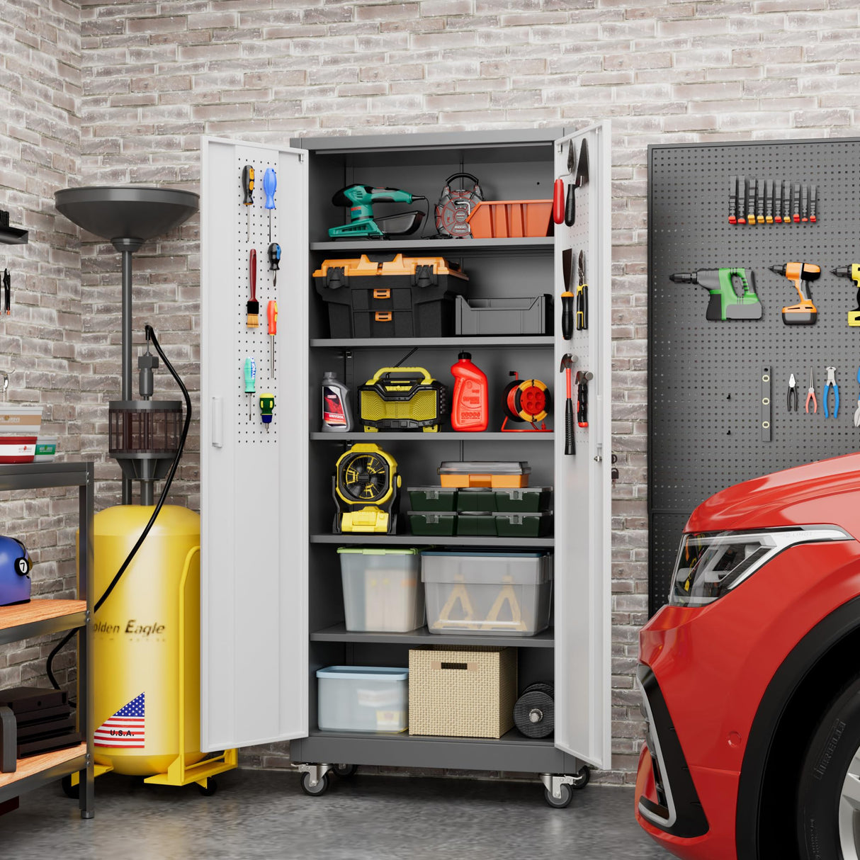 Aobabo Upgraded Garage Storage Cabinets with Wheels,Metal Storage Cabinets with 5 Adjustable Shelves for Garage Home Office Storage, Grey&White,71''H*32''W*16''D,Assembly Required Aobabo