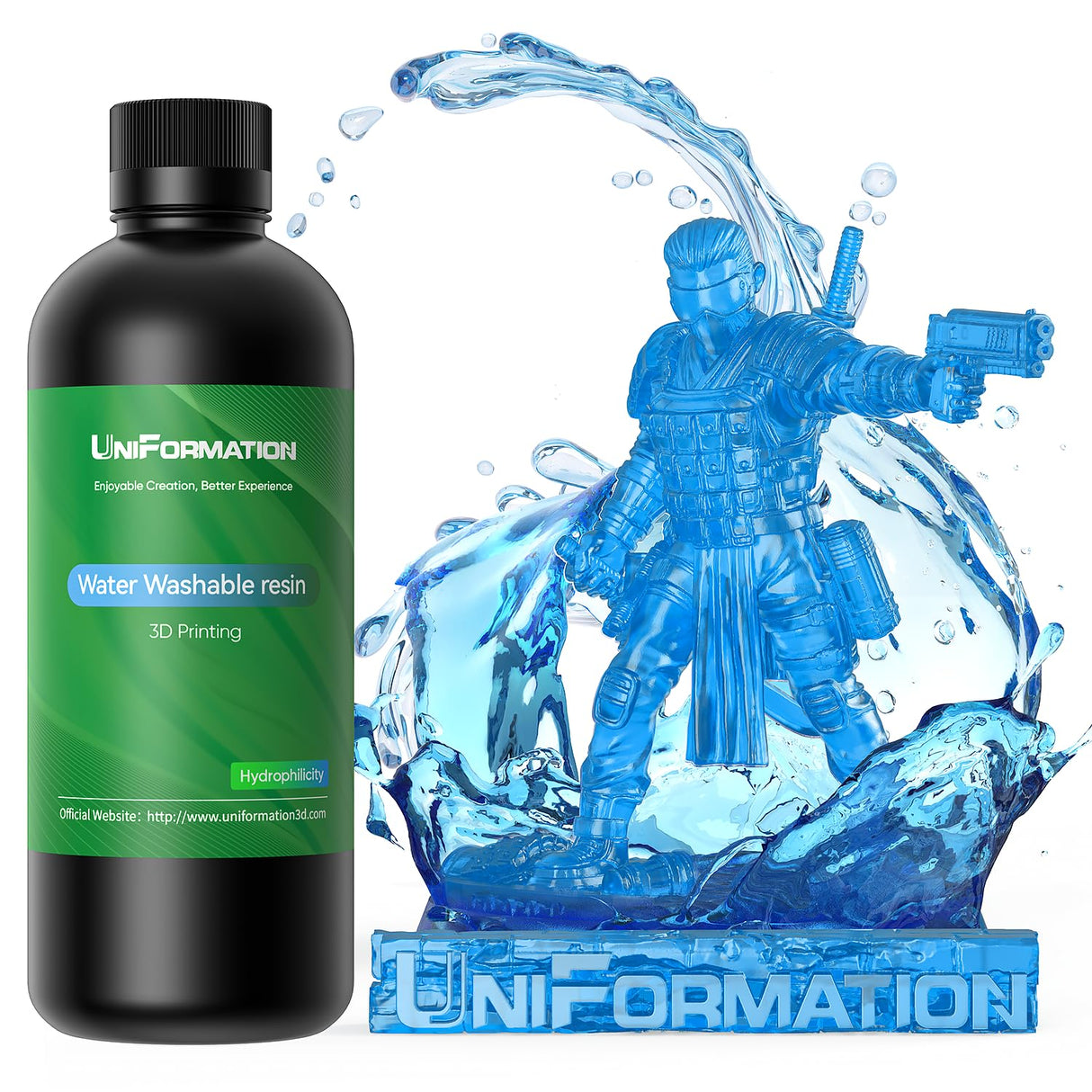 UNIFORMATION Water Washable Resin Easy to Clean Fast UV Curing 3D Printer Resin Photopolymer Low Viscosity Rapid 3D Resin Liquid with High Precision Suit for SLA/LCD/DLP Printing Clear Blue 1KG Uniformation