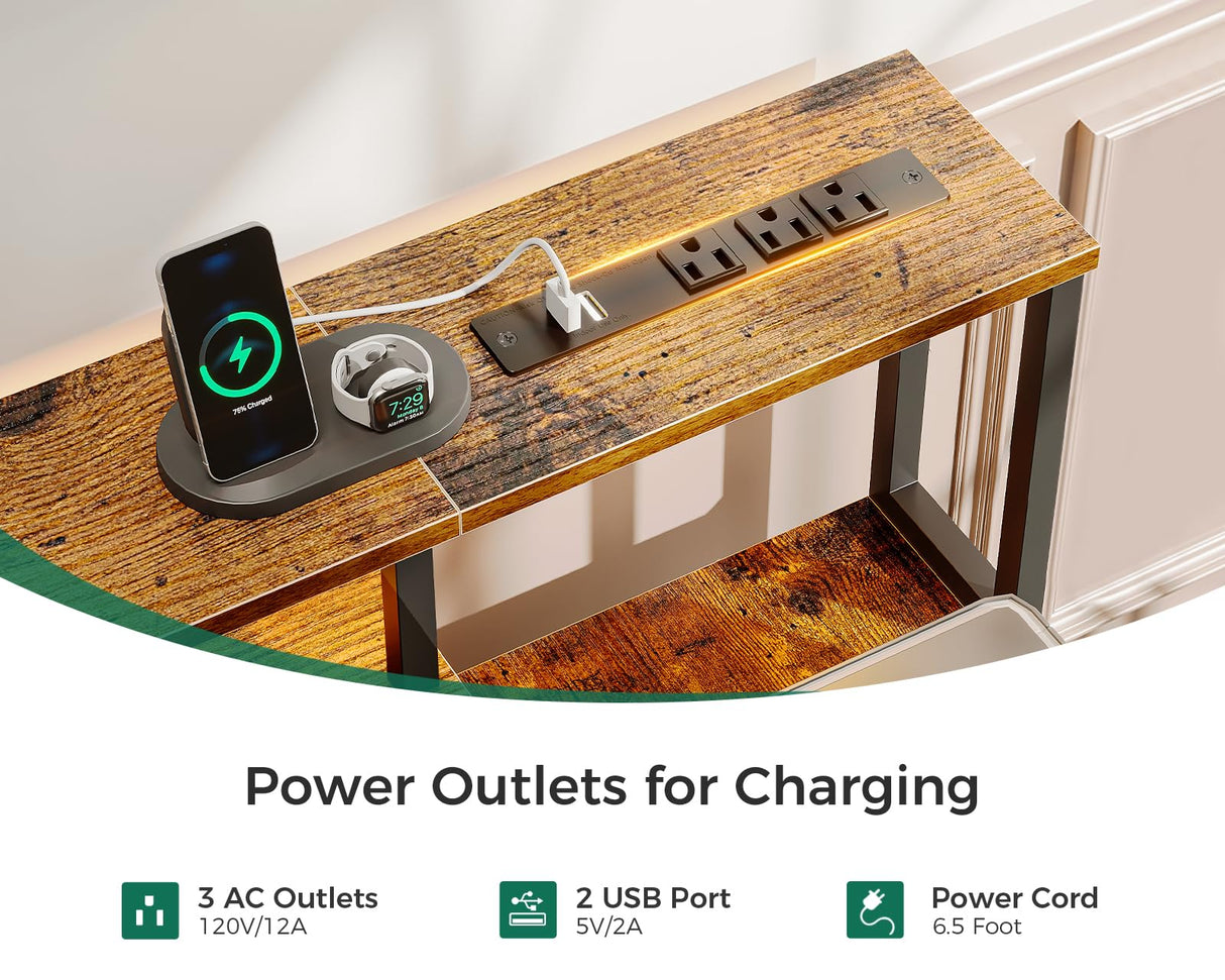 AODK 71 Inch Rustic Brown Office Desk with File Drawers, Power Outlet & LED Lighting AODK