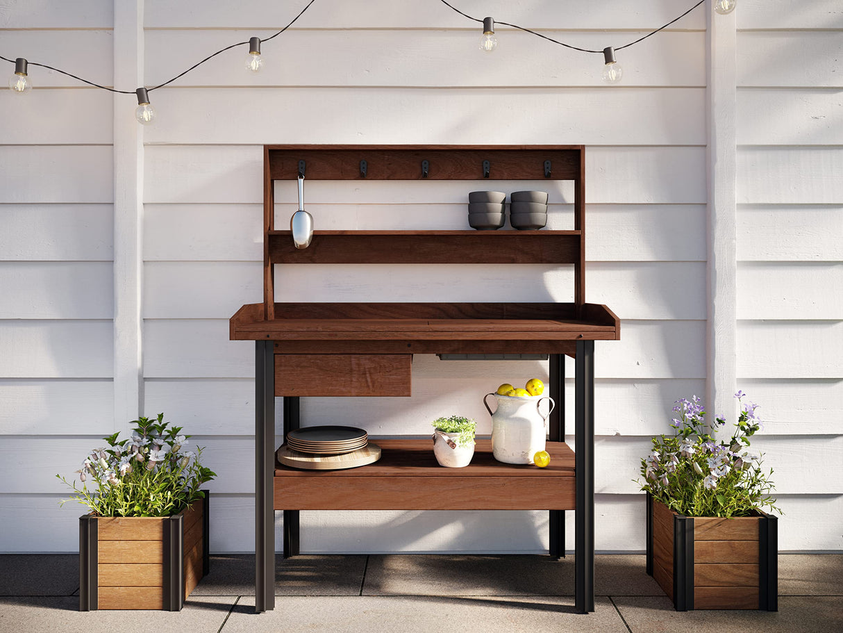 Vita 46 inch x 20 inch x 58 inch Cedar Wood Potting Bench, Dark Brown, FSC, Pre-Stained, Storage Shelf, Work Basin, Hooks, VT17744 Vita