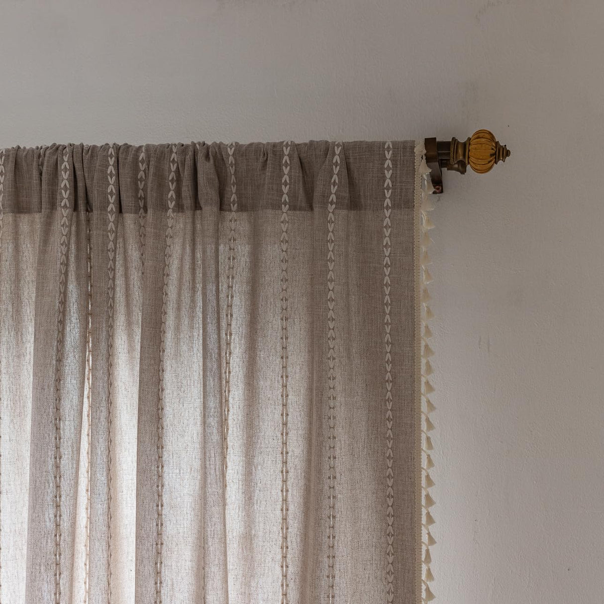 Linen Curtains 108 Inches Long for Living Room 2 Panels Set, Embroidery Farmhouse Curtains Tassel Boho Curtains for Bedroom Light Filtering Window Curtains Rod Pocket Drapes (52" W x 108" L,Khaki) BCLBUSTE