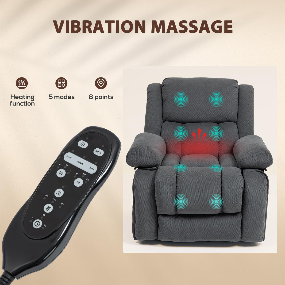 HOMCOM Power Lift Recliner Chair for Elderly with Vibration Massage and Heat, Overstuffed Reclining Chair with Remote, USB Port and Side Pockets, Single Sofa with Pocket Spring, Gray HOMCOM